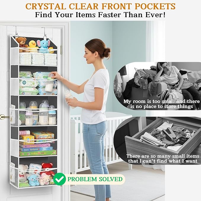 Ofiray-home Over Door Organizer with 5 Large Pockets, 5 Transparent Front Pockets & 10 Mesh Side Pockets, 50 lbs Weight Capacity Hanging Storage for Toys, Shoes, Diapers, Pantry – Grey