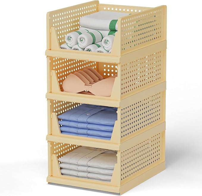 Stackable Wardrobe Organizer for Clothes - Multipurpose Foldable Plastic Closet Storage Organizer for Kitchen, Bedroom & Bathroom (Pack of 8, Yellow)