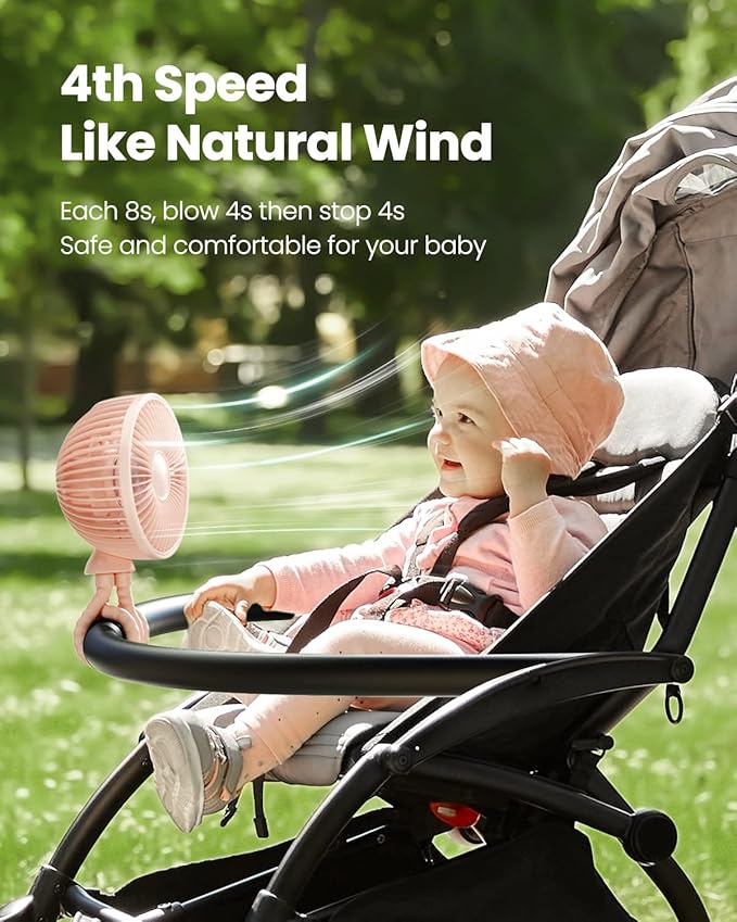 Gaiatop Baby Stroller Fan, 4000mAh Oscillating Mini Portable Fan with Light, 4 Speeds Battery Operated Small Handheld Desk Fan, 360° Rotate Flexible Tripod Clip On Fan for Car Seat Crib Travel Pink