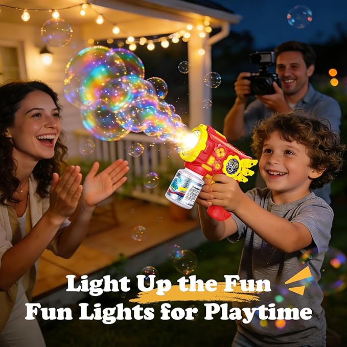 Bubble Gun for Kids with Lights, Automatic Bubble Blower Toy, Leak-Resistant Bubble Bottle, Bubble Guns for Kids Ages 3+, Fun Outdoor Bubble Guns for Parties, Backyard, Birthday Gifts, 2pcs Red+Blue