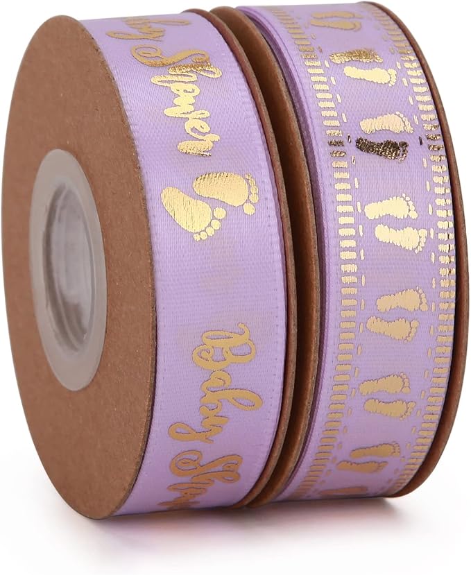 Meseey 20 Yards Baby Ribbon Foot Print Purple and Gold Ribbons for Crafts Cake Baby Shower Birthday,Gift Wrapping, Party Decoration (Purple)