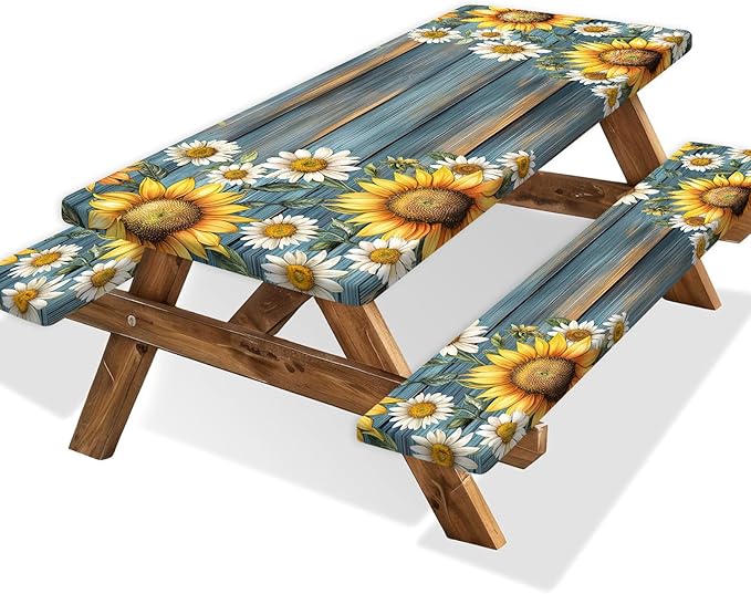 Picnic Table Cover with Bench Covers Camping Essentials Waterproof Windproof Camping Tablecloth with Drawstring Bag, Fitted Rectangle Tables and Seats, 60in, Teal Wooden Sunflower