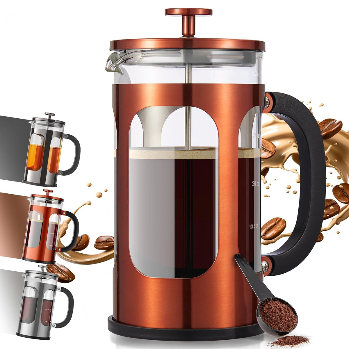 Veken French Press Coffee Maker 34oz 1 L, No Plastic Touching Cafe, Heat Resistant Thickened Borosilicate Glass, Stainless Steel Brewer