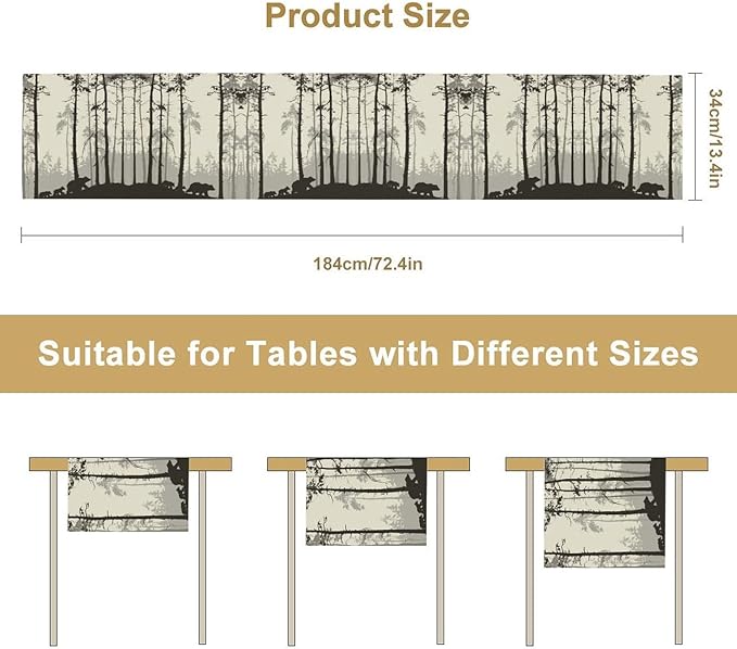 Retro Bear Table Runner, Rustic Foggy Forest Wild Animal Table Runner for Kitchen Dining Home Coffee Party 13x90in
