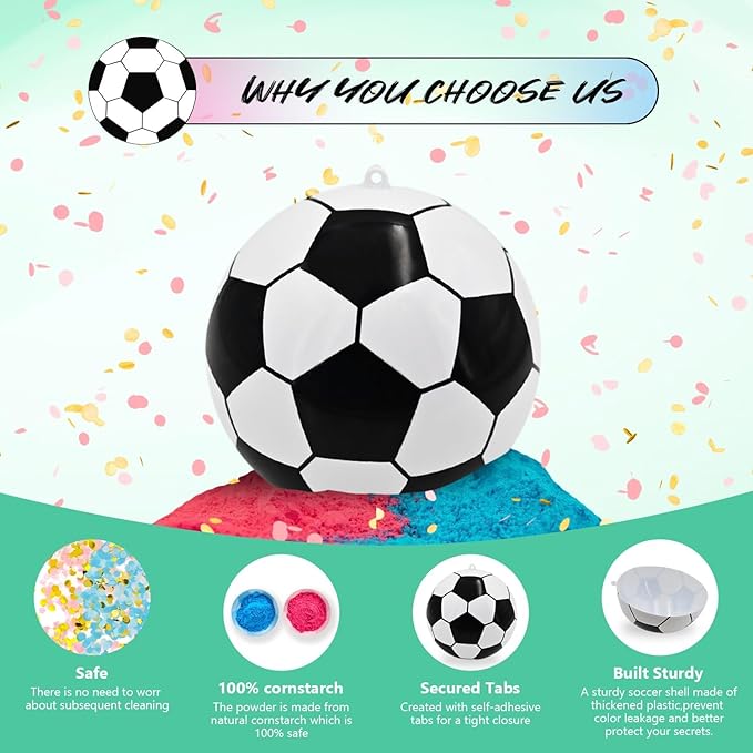 Gender Reveal Soccer Ball with Powder Pink or Blue Exploding Gender Reveal Ball for Game Boy or Girl Reval Soccer Ball with Powder for Gender Reveal Party Ideas (Powder, Blue&Pink)