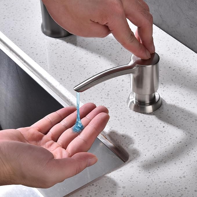 Kitchen Sink Soap Dispenser Brushed Nickel, Built in Soap Dispenser Kitchen Countertop, ABS Pump Head with Refillable Bottle, Under Counter Dish Soap Hand Lotion Dispenser