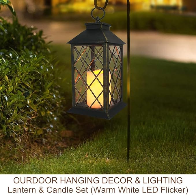 13.5" Outdoor Candle Lantern Decorative with LED Pillar Candle Battery Powered (Distressed Gold, 6hr Timer) - IP44 Waterproof Decorative Tabletop Lanterns Hanging Lanterns Indoor Outdoor