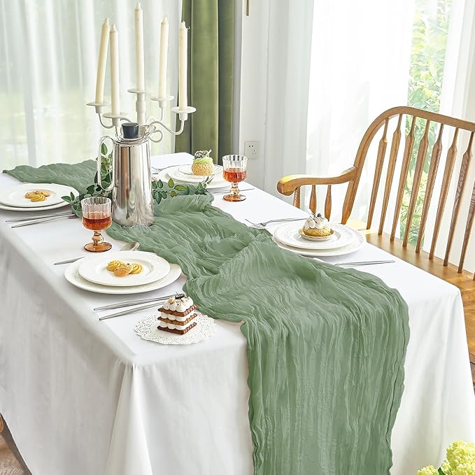 IVAPUPU 2 Pcs Cheesecloth Table Runner - 10ft Sage Green Boho Rustic Gauze Cheese Cloth Table Runner for Baby Shower Decorations Wedding Party Summer Garden Farmhouse Decor