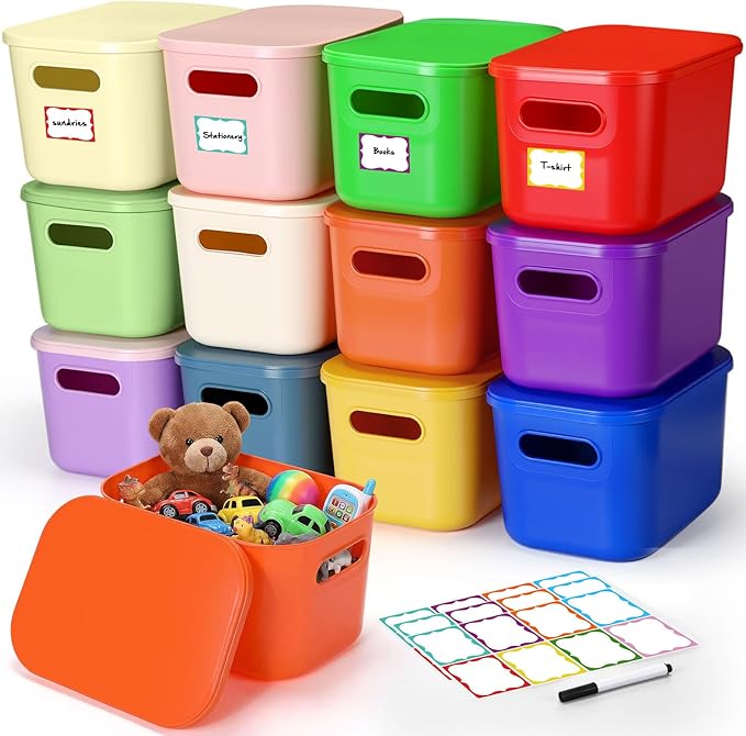 Thyle 24 Pack Richly Colorful Plastic Storage Bins with Lids 7 Quart Toy Storage Box Stackable Nestable Organizer Boxes with Handle and Labels for Classroom Shelf Bedroom Desktop Toys School Supplies