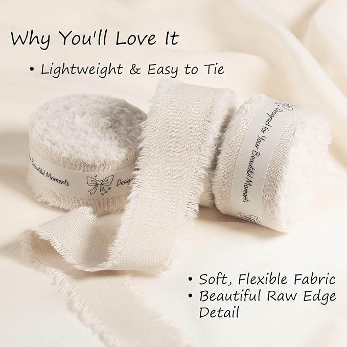 Beige Cotton Ribbon 1 Inch Beige 3 Rolls 21 Yards Frayed Edge Fabric Set for Rustic Wedding Decor, Bridal Bouquet Wrap, Farmhouse Decor, Wreath Making & Gift Wrapping