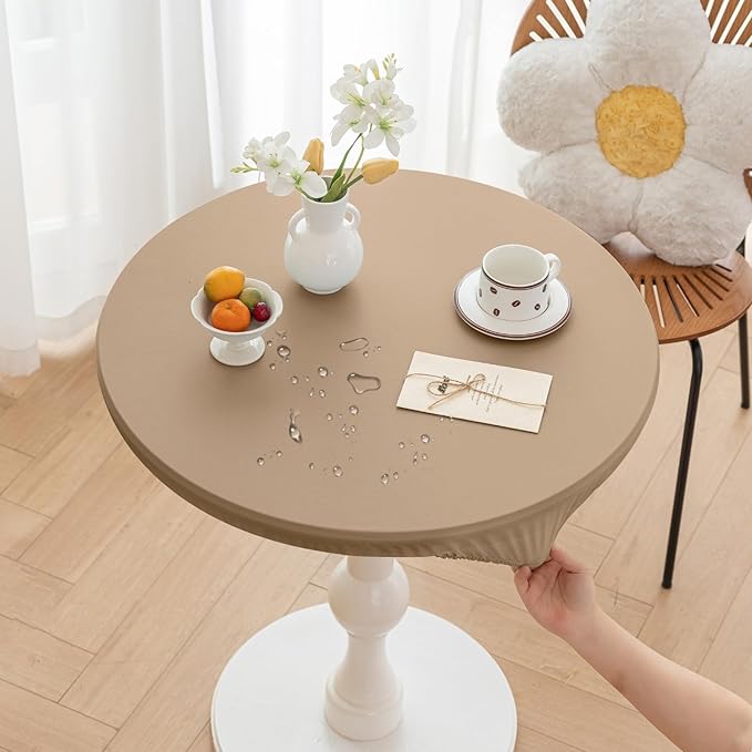 Round Fitted PU Tablecloth with High Elastic Edge 28 Inch Dia Waterproof Oil Proof Table Cloth Anti-scald Stain-Resistant Wipeable Table Cover for Indoor Outdoor Picnic (Cream Coffee,28"Dia)