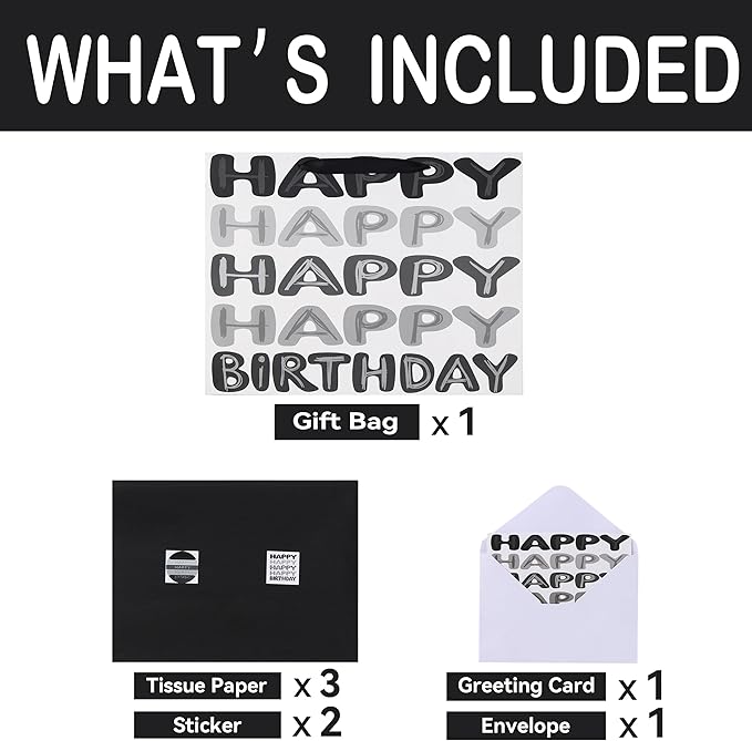Qirrmiy 16.5" Extra Large Black Happy Birthday Gift Bag Set with Handles, Greeting Card, Tissue Papers and Stickers for Men Boys Kids Teens, Words Design, 1 Pcs