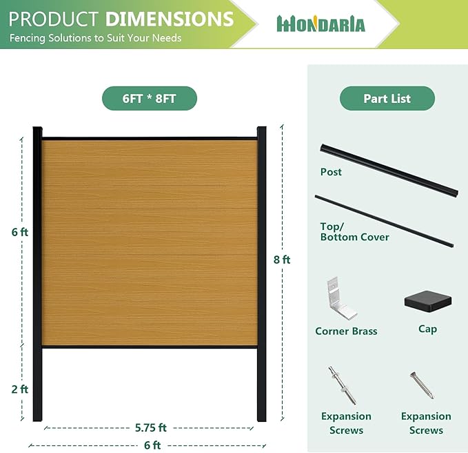 Mondaria Fence Privacy Screen with 8ft In-ground Posts, 6ft(H) x 24ft(W) Wood Plastic Composite Fence Panels Weather-Resistant Outdoor Fence for Backyard/Garden (Yellow Teak, 5 Posts)