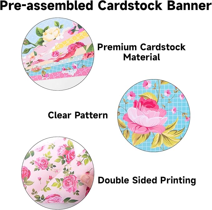 jijAcraft 4 Pack Tea Floral Party Bunting Banners - Pre-Strung Vintage Floral Triangle Pennant Banner, Wildflower Garland Tea Party Decorations for Spring Party Baby Shower Bridal Shower Mother's Day