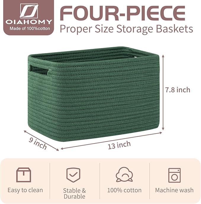OIAHOMY 4 Pack Storage Baskets for Organizing, Cube Storage Bins for Shelves, Rectangle Storage Baskets With Handles, Woven Baskets for Storage, 12.7''Lx9''Wx7.8''H, Green