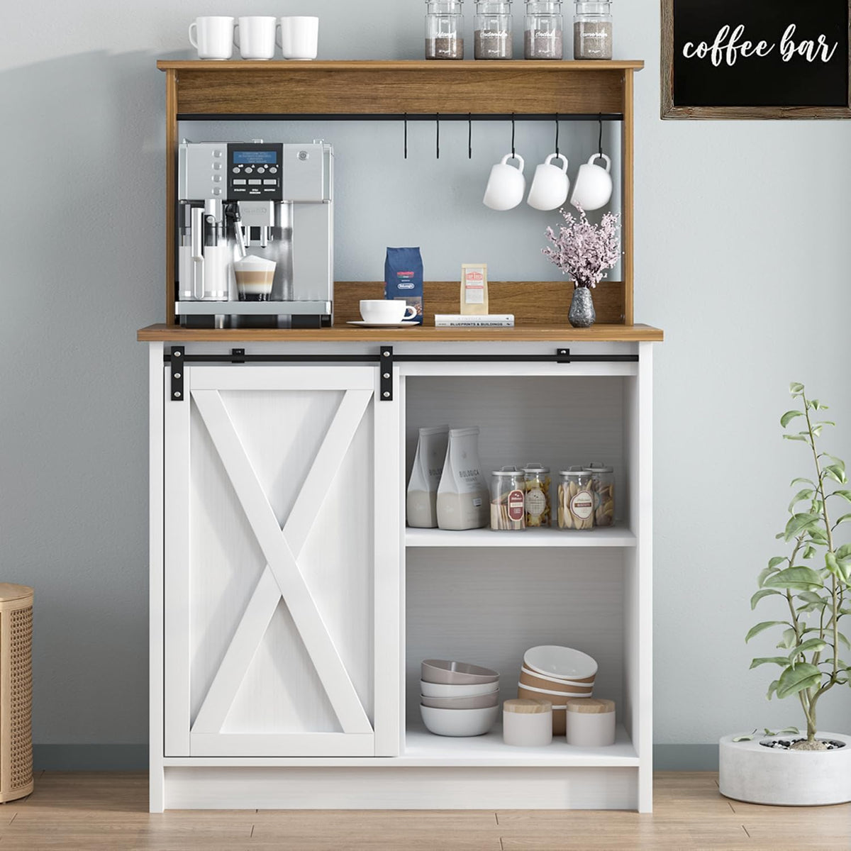 Farmhouse Coffee Bar with Hutch, White Coffee Bar Cabinet with Storage Sliding Barn Door, 31 Inch Buffet Cabinet with 6 Hooks