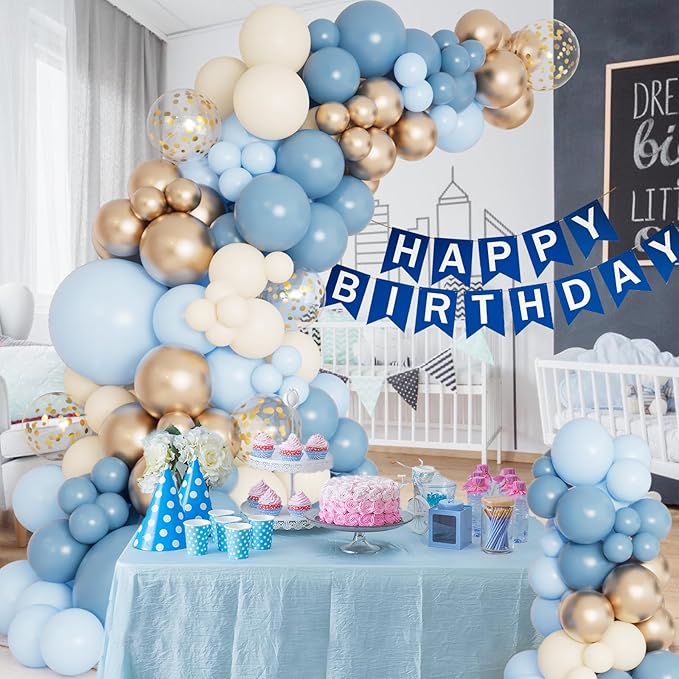 DBKL Dusty Baby Blue Balloon Arch Garland Kit, Different Sizes 18 12 10 5 inch Pastel Baby Blue Slate Fog Ivory White Metallic Gold Balloons for Men Boy Baby Shower Birthday Wedding Party Supplies