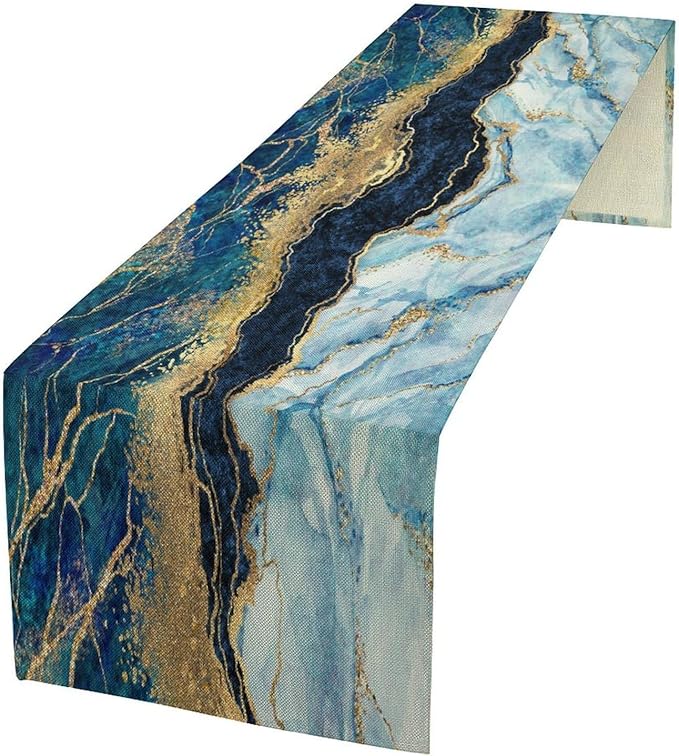 Marble Table Runner, Blue Texture Abstract Art Print Table Runner for Indoor Home Living Room Party Dining Kitchen 13x60in