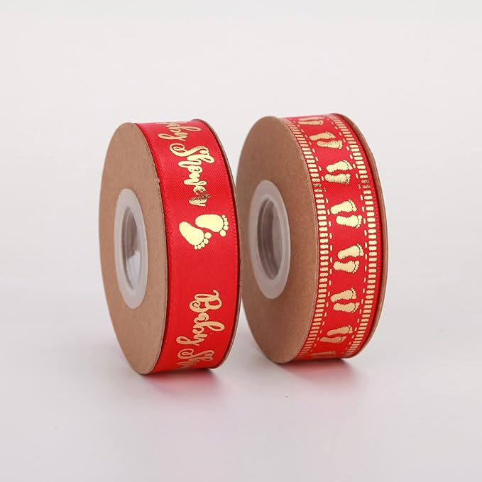 Meseey 20 Yards Baby Ribbon Foot Print Red and Gold Ribbons for Crafts Cake Baby Shower Birthday,Gift Wrapping, Party Decoration (red)