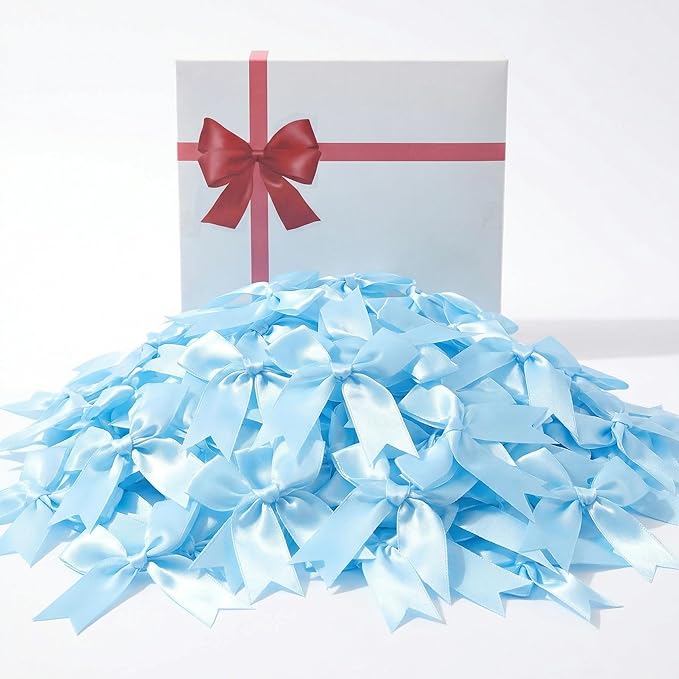 Blue Gift Wrap Bows - 100 Pcs 3.3 Inch Elegant Satin Bows for Baby Boy Shower, Easter Decorations, Spring Parties, Nautical Theme, Gift Wrapping, Wedding Decor, Birthday, Crafts