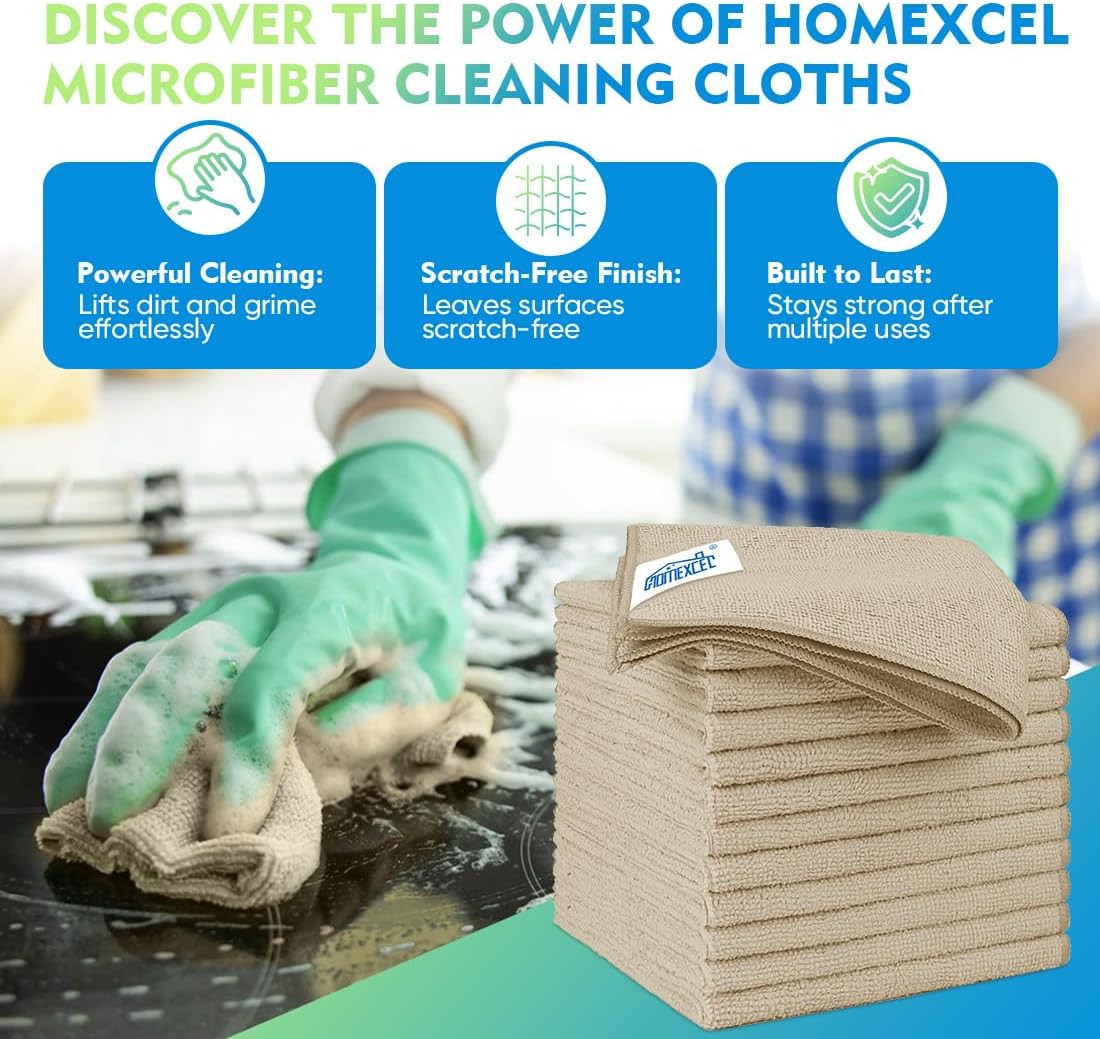 Homexcel Brown Microfiber Cleaning Cloth 12 Pack, 12.5 x 12.5 inch Microfiber Towels for Cars, Ultra Absorbent Car Washing Cloth