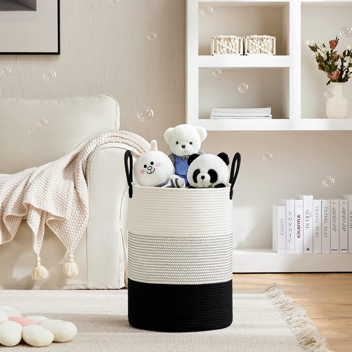 VIPOSCO Large Laundry Hamper, Tall Woven Rope Storage Basket for Blanket, Toys, Dirty Clothes in Living Room, Bathroom, Bedroom - 58L White & Black