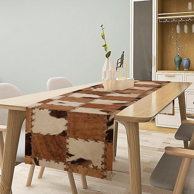 Cowhide Animal Table Runner, Vintage Western Cowboy Patchwork Fur Table Runner for Kitchen Farmhouse Dining Home Banquet Party 13x70in