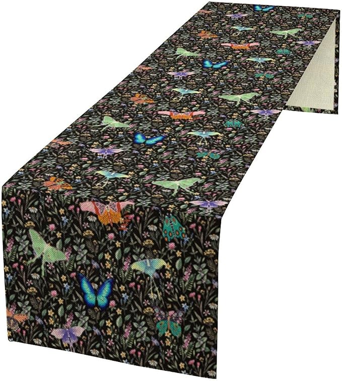 Boho Wildflower Moth Table Runner,Bohemian Floral Colorful Butterfly Print Table Runner for Kitchen Dining Table Holiday Indoor Outdoor Home Party Decor 13x70in