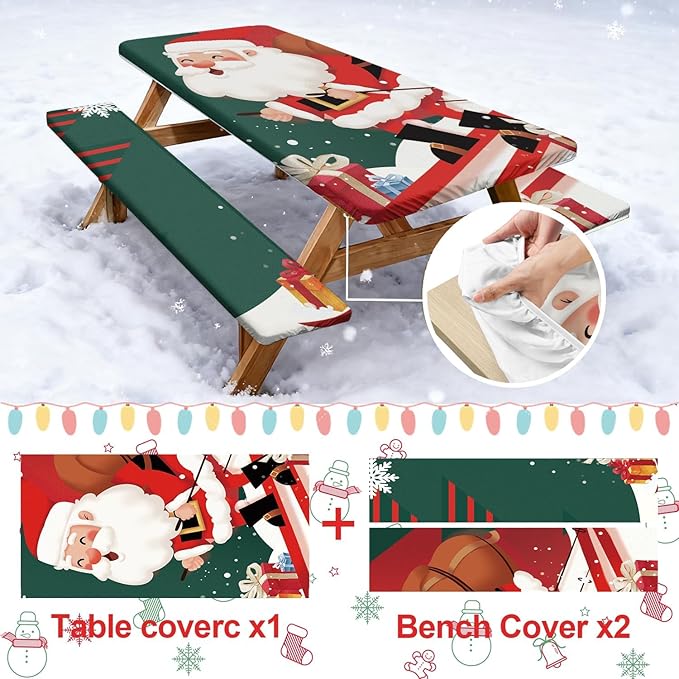 Picnic Table Cover with Bench Covers Set of 3, Elastic Fitted Tablecloth for 6 Foot Tables, Washable Polyester Tablecloths for Camping, Indoor & Outdoor