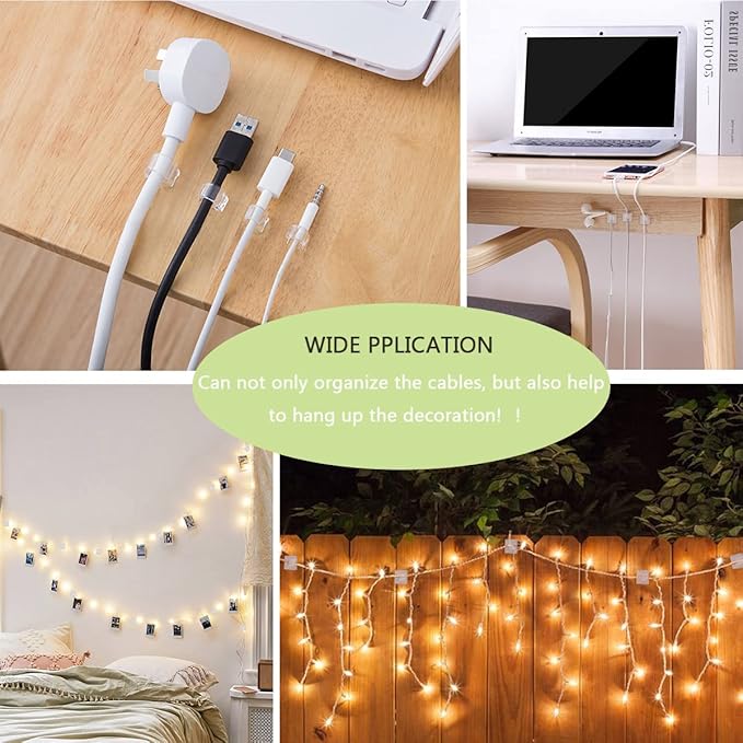 60PCS Cable Clips, KGROTE Extension Cord Clips Outdoor Light Wire Clips Adhesive Cable Hooks Wire Organizer Holder for Desk, Wall Cable Management, Christmas Lights, Decorations Hanging - Large, Clear