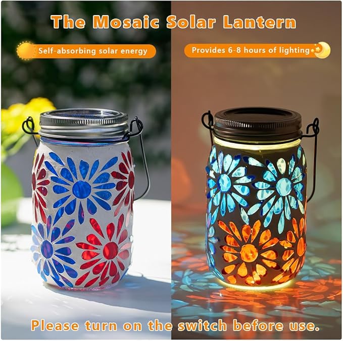 Starsoul 2 Pack Solar Lanterns Outdoor Waterproof, Mosaic Flowers Glass Solar Hanging Outdoor Lights, Decorative Solar Lantern for Outside Pathway Patio Porch Yard Decor