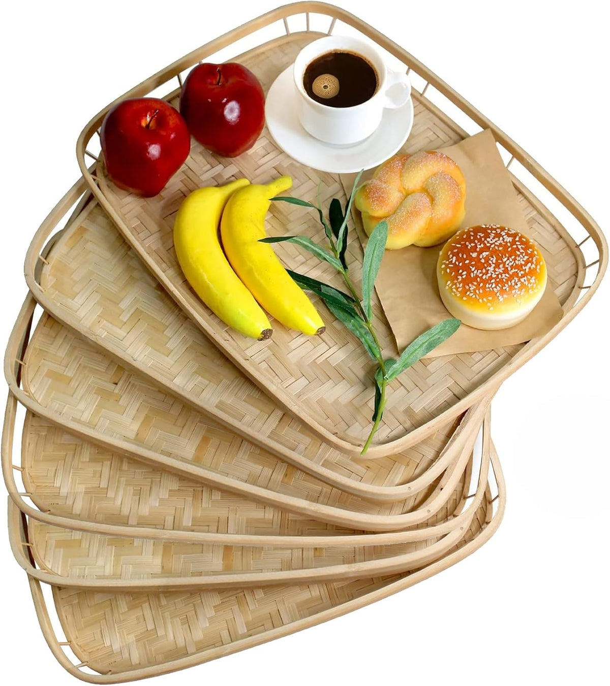 Pemar Set of 4 Bamboo Wicker Serving Trays for Foods & Drinks, Rectangular Breakfast Lap Trays with Handles Wooden Decorative Platters for Coffee