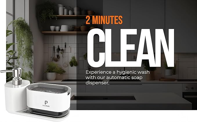 Automatic Dishwasher Soap Dispenser Set, Satisfying Squeeze Double Soap Pump, Premium Sponge Tray, Kitchen Sink Organizer, Instant Refill Soap Holder, 2 Minutes cleanup, Hand Pressed, Modern (Black)
