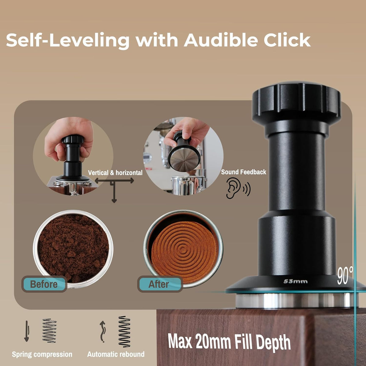Coffee Tamper 51mm, Spring Loaded Espresso Tamper with 25lb/30lb/35lb Calibrated Springs, Sound Feedback & Ripple Base for Even Extraction
