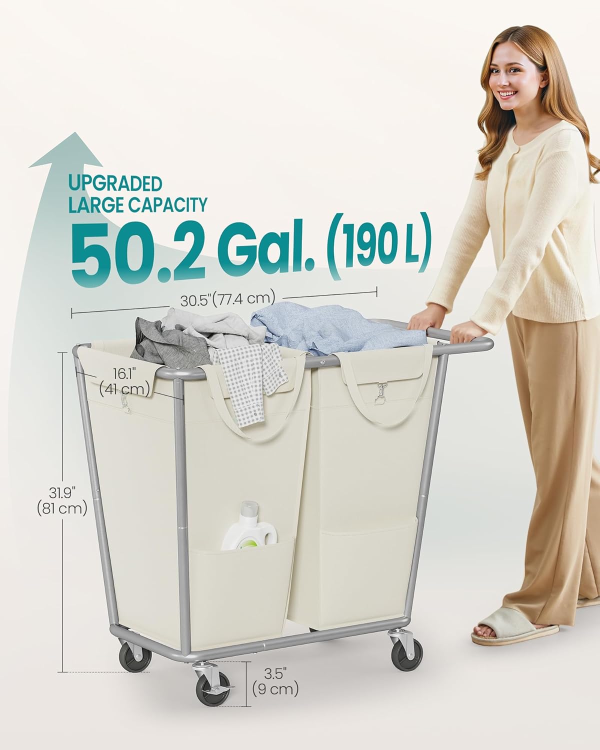 SONGMICS Laundry Basket with Wheels, 50.2 Gallons (190 L), 2-Section Rolling Laundry Hamper with Removable Bags, Heavy-Duty Steel Frame with Handle, Cream White URLS009W01