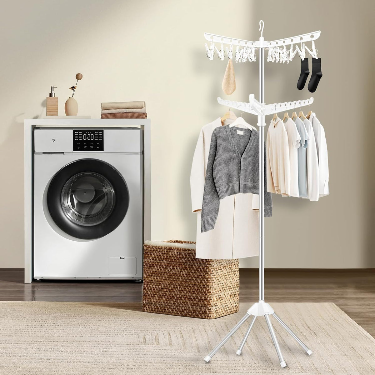 Suyu Clothes Drying Rack,Folding Clothes Drying Tree, 2 Layer with 24 Clips and 3 Rotatable Arms,66.9-Inch Indoor Clothes Rack,Stainless Steel,4 Legs