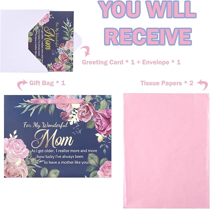 WRAPAHOLIC 13" Large Mom Birthday Gift Bag with Card and Tissue Paper - Elegant Floral and Gold Foil For My Wonderful Mom Lettering Design