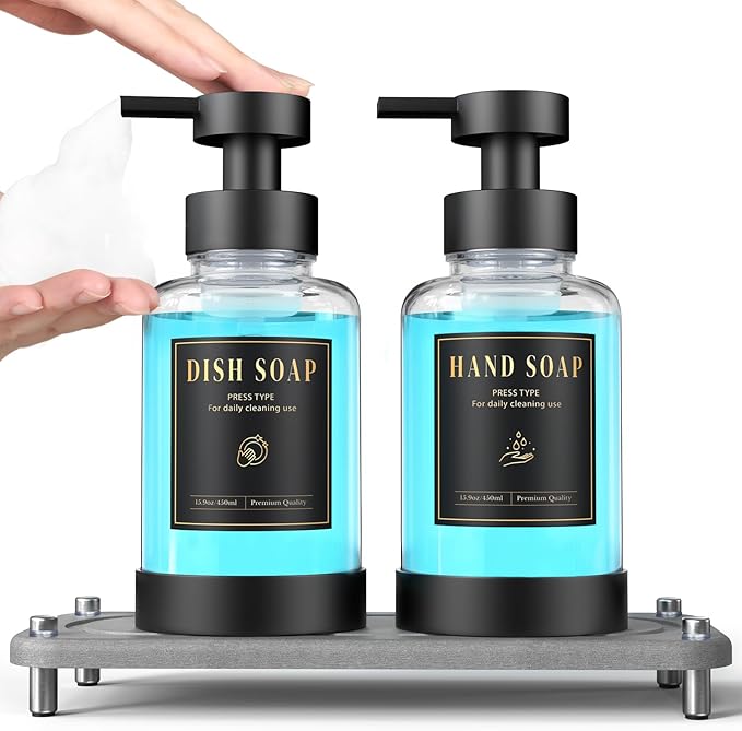 Luxspire Foaming Soap Dispenser, Non-Slip Hand Soap Dispenser with Fast Drying Tray, 15oz Glass Refillable Liquid Bottle for Bathroom & Kitchen, 2 Pack, Transparent + Dark Gray