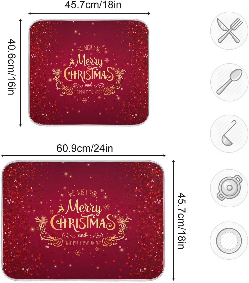 Merry Christmas Drying Mat for Kitchen Counter 16x18 Inch Christmas Dish Mat with Absorbent Reversible Microfiber Christmas Dish Drying Mat Dish