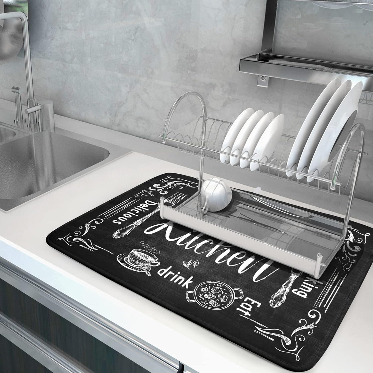 Black Coffee Bar Dish Drying Mats for Kitchen Counter 18x24 Inch, Kitchen Drying Mat