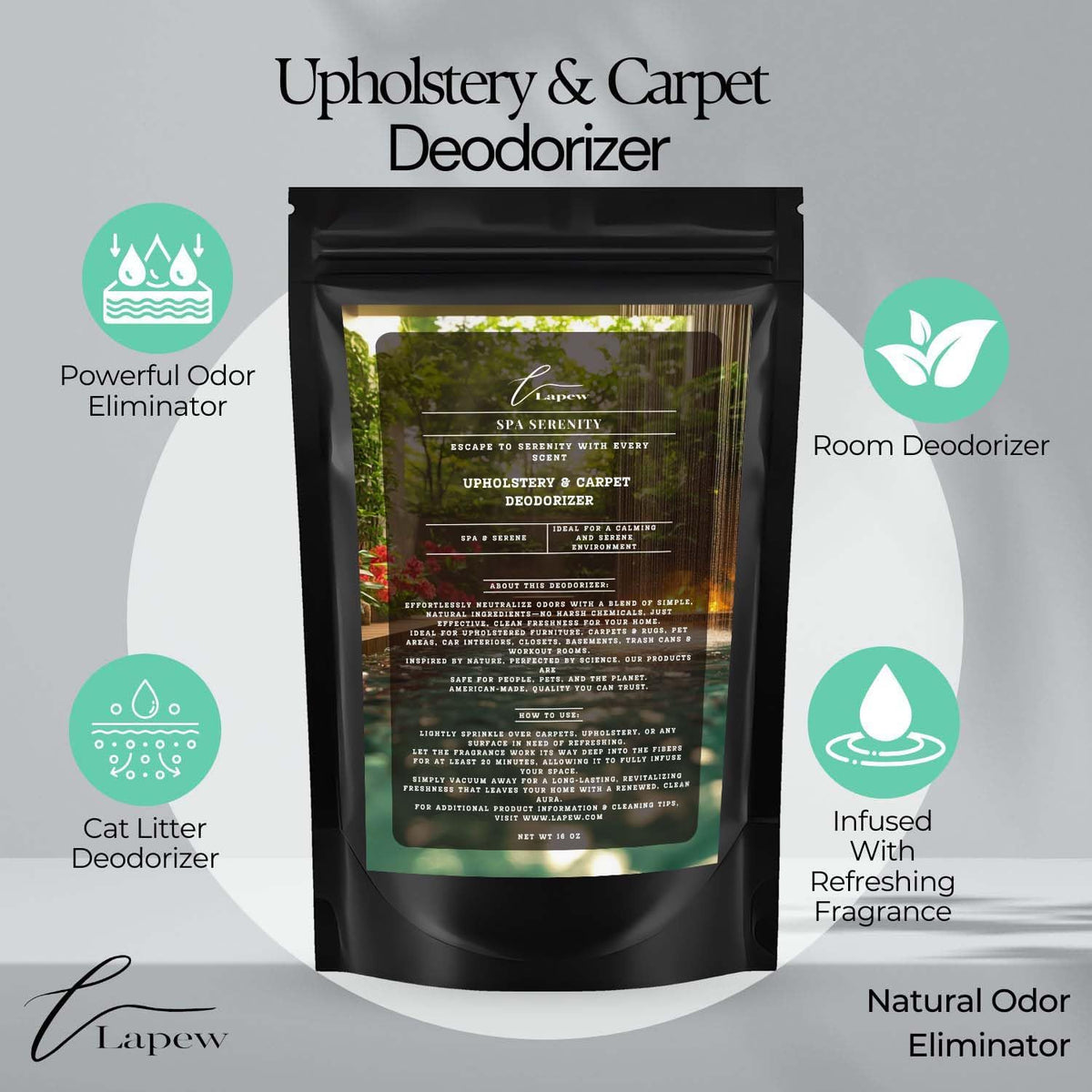 Spa Serenity Carpet Freshener Powder 16 oz | Powerful Odor Eliminator for Home | Upholstery Deodorizer | Carpet Deodorizer | Pet Urine | Cat Litter Box
