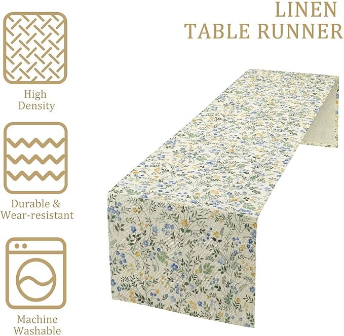 Rustic Flower Table Runner, Spring Sage Green Eucalyptus Leaves Watercolor Floral Flower Plant Leaves Print Table Cover for Dinning Holiday Home Picnic Party Decor, 13x70inch