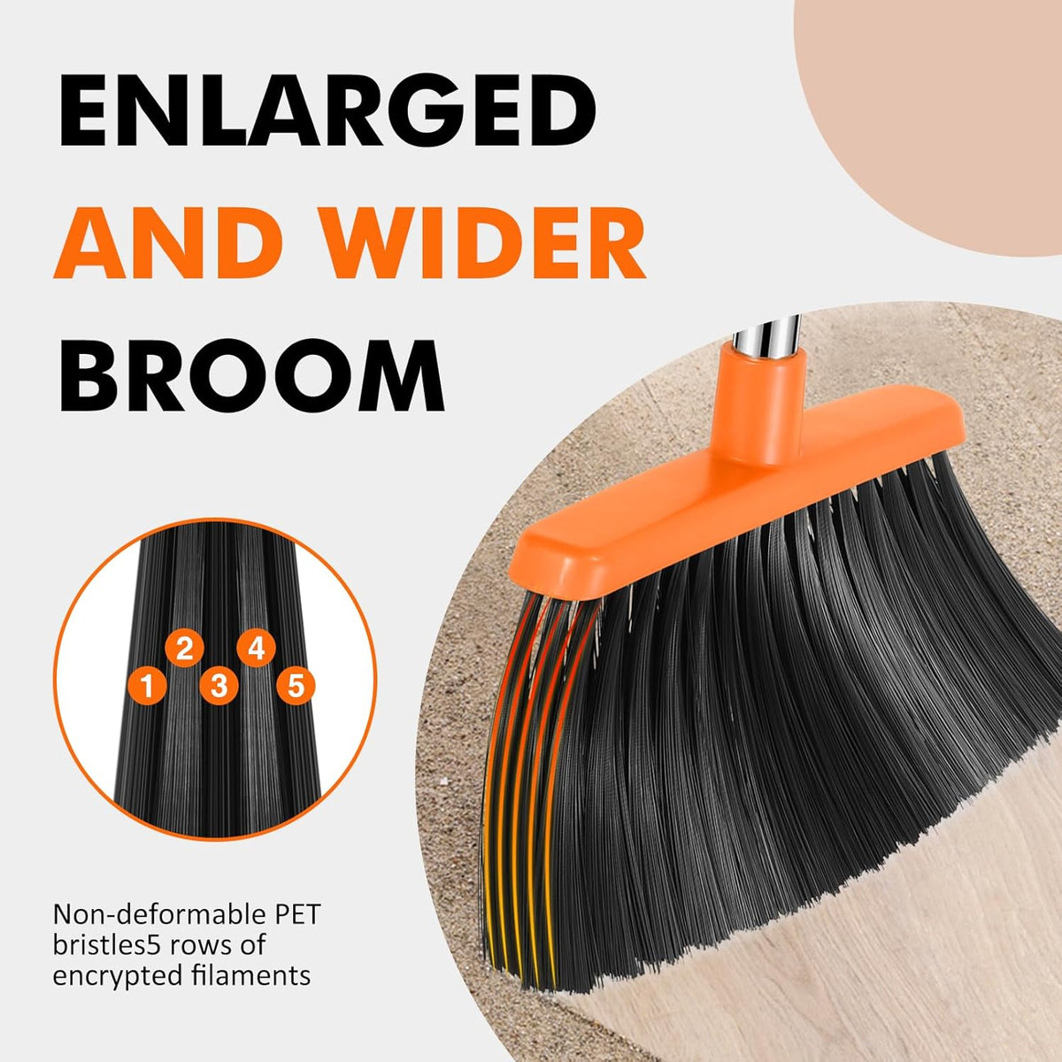 NACENA Heavy Duty Broom, 55 Inch Long Handle Outdoor Large Angle Brooms, Commercial Broom for Sweeping Indoor, for Home Garage Kitchen Office Courtyard Lobby Patio Lawn Concrete (Grey&Orange)