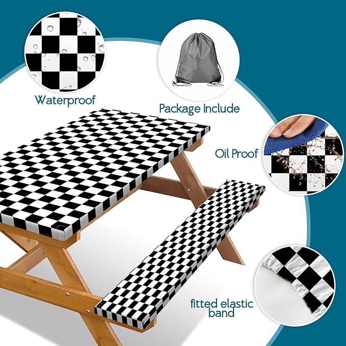 Picnic Table Cover with Bench Covers and Bag, Black and White Checkered Buffalo Plaid Camping Tablecloth Waterproof Windproof Elastic Edges Fitted Gingham Tablecloth for Outdoor Garden 3PCS 30x72 Inch