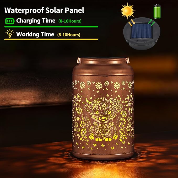 Solar Lanterns Outdoor Waterproof Garden Decor Birthday Gifts for Women Mom Grandma Hanging Solar Lights Metal Decoration Outside for Yard, Patio (Highland Cattle)