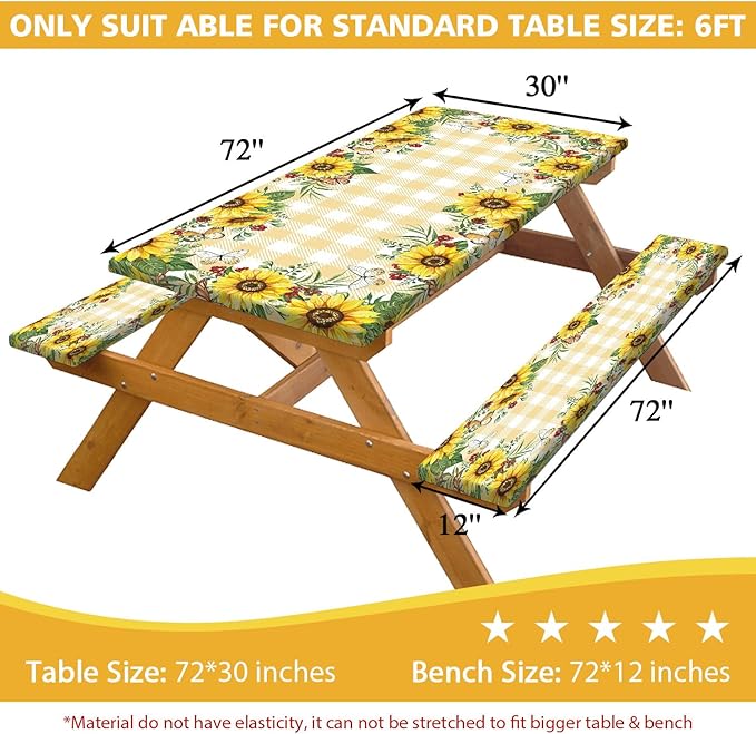 Sunflower Picnic Table Cover with Bench Covers, Yellow Buffalo Plaid Summer Floral Farmhouse Waterproof Tablecloth for Camping Indoor Outdoor Party Decorations, 30X72in