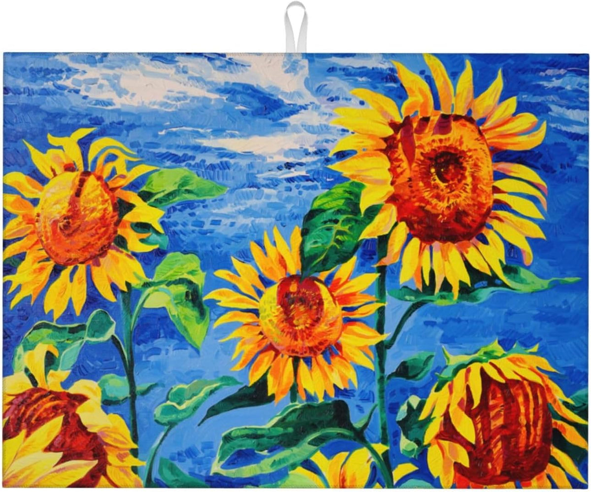 Sunflowers Large Dish Drying Mats For Kitchen Counter, Watercolor Yellow Flower Microfiber Kitchen Drying Mat Draining Pad Absorbent Dish Mat 18"x24"