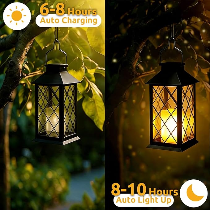 2 Pack 14" Large Tempered Glass Solar Lanterns Outdoor Waterproof, Hanging Solar Lights with Flickering Flameless Candles, Solar Lantern for Wall Porch Patio Table Garden Decoration (Black)