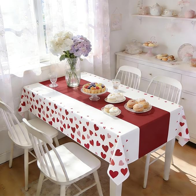 Red Table Cloths Rectangle - 2 Pack Heart Pattern Valentine's Day Decoration Party, Disposable Plastic Tablecloth 54" x 108", Suitable for Valentine's Day Wedding Anniversary Party Decoration