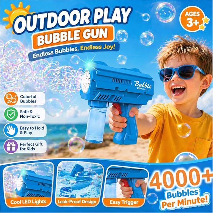 Kids Automatic Bubble Gun LED Light & Refill Solution – Leakproof Bubble Blaster, Outdoor Toys Toddlers 3-8, Birthday Gift, Easter Stuffer, Wedding & Party Supplies (Blue)